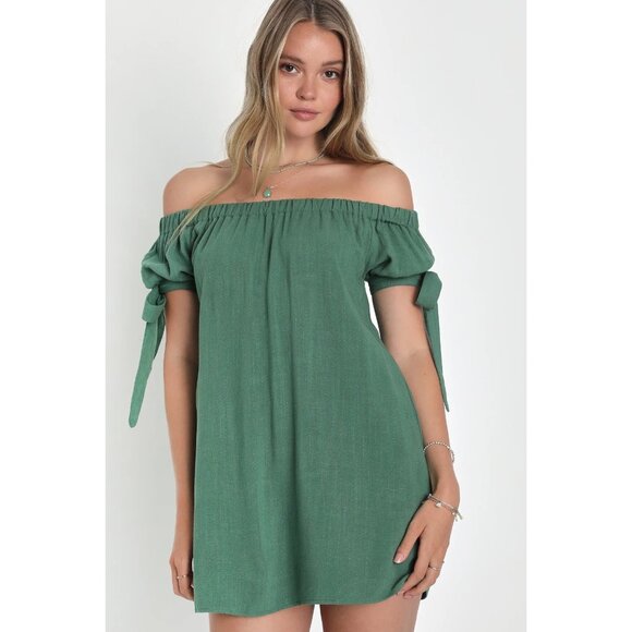 NWT Lulus Al Fresco Evenings Off the Shoulder Green Shift Dress Boho Women's M - Picture 1 of 7